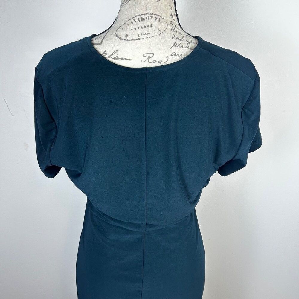 Anne Klein Dress Womens 10 Green Teal Faux Wrap V-Neck Short Sleeve Sheath Midi - Picture 6 of 10